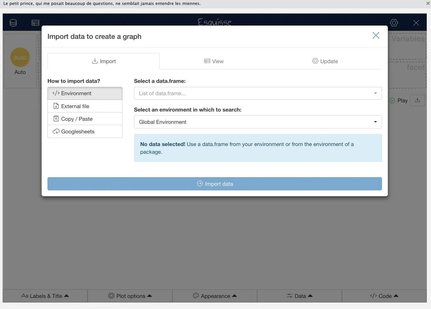 R Esquisse welcome window import data